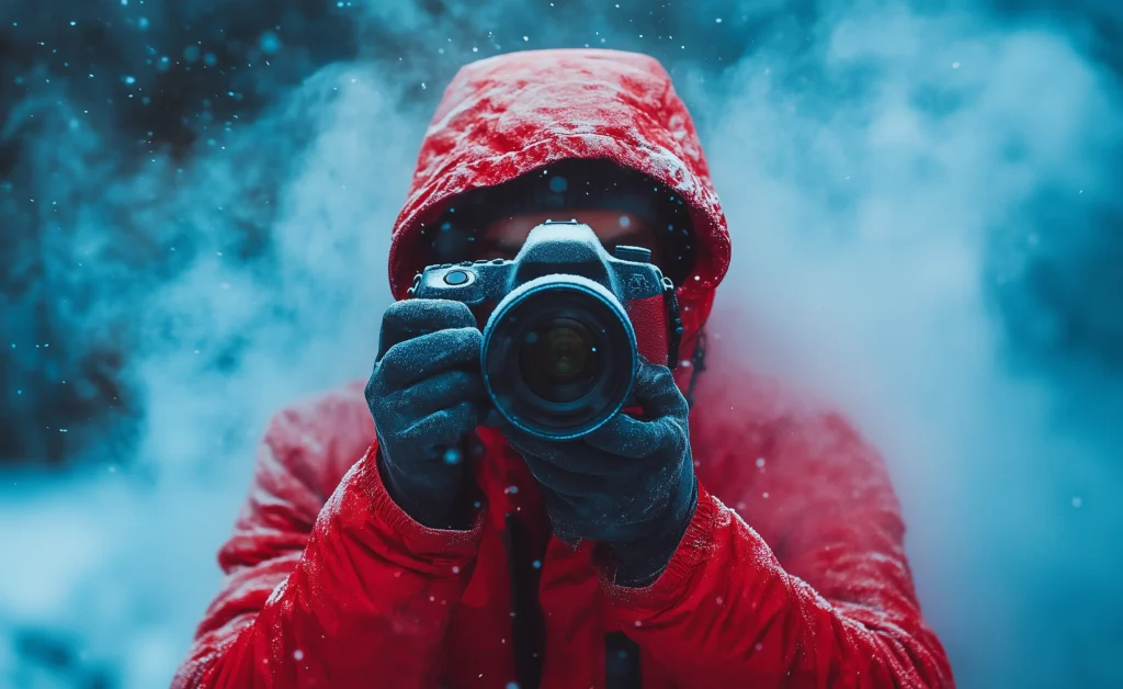 photographe-manteau-rouge--neige-fumee-appareil